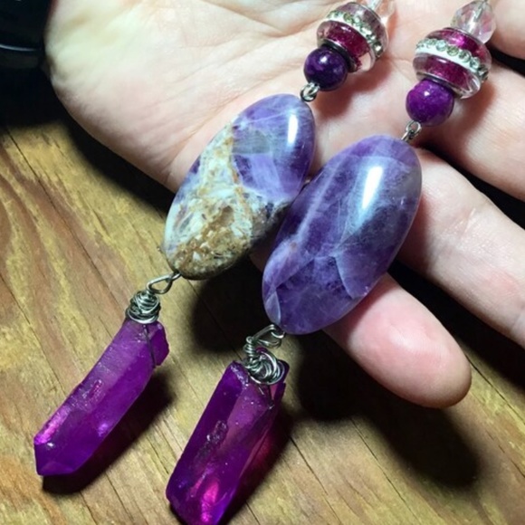 Real amethyst crystal quartz crystal handcrafted earrings, statement earrings - Picture 6 of 8